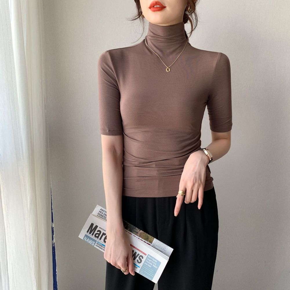Turtleneck Cotton Modal Mid-Sleeve T-Shirt Women's Slim Short Top